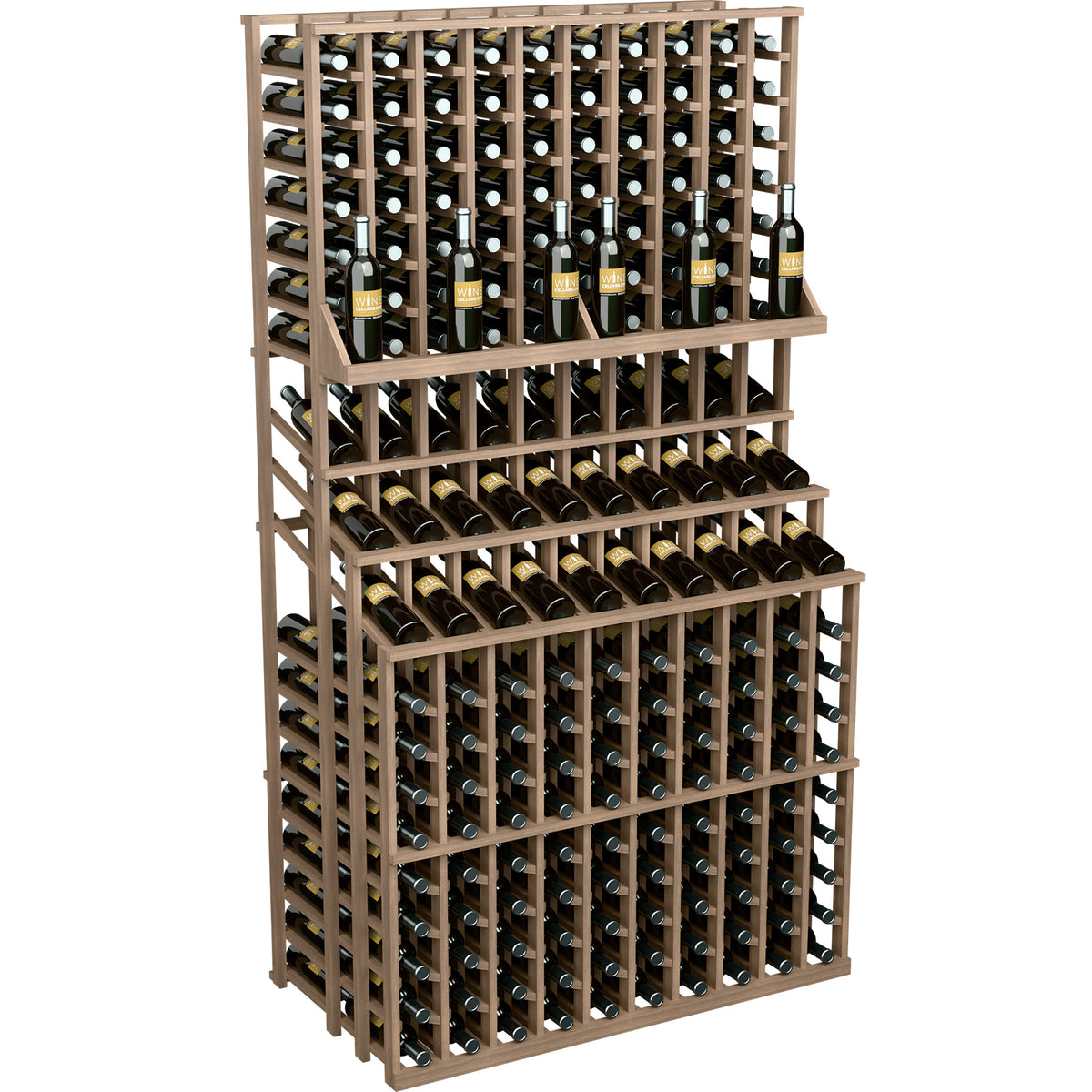 Triple-tier wine bottle display rack with double deep base, bottle slots arranged in columns