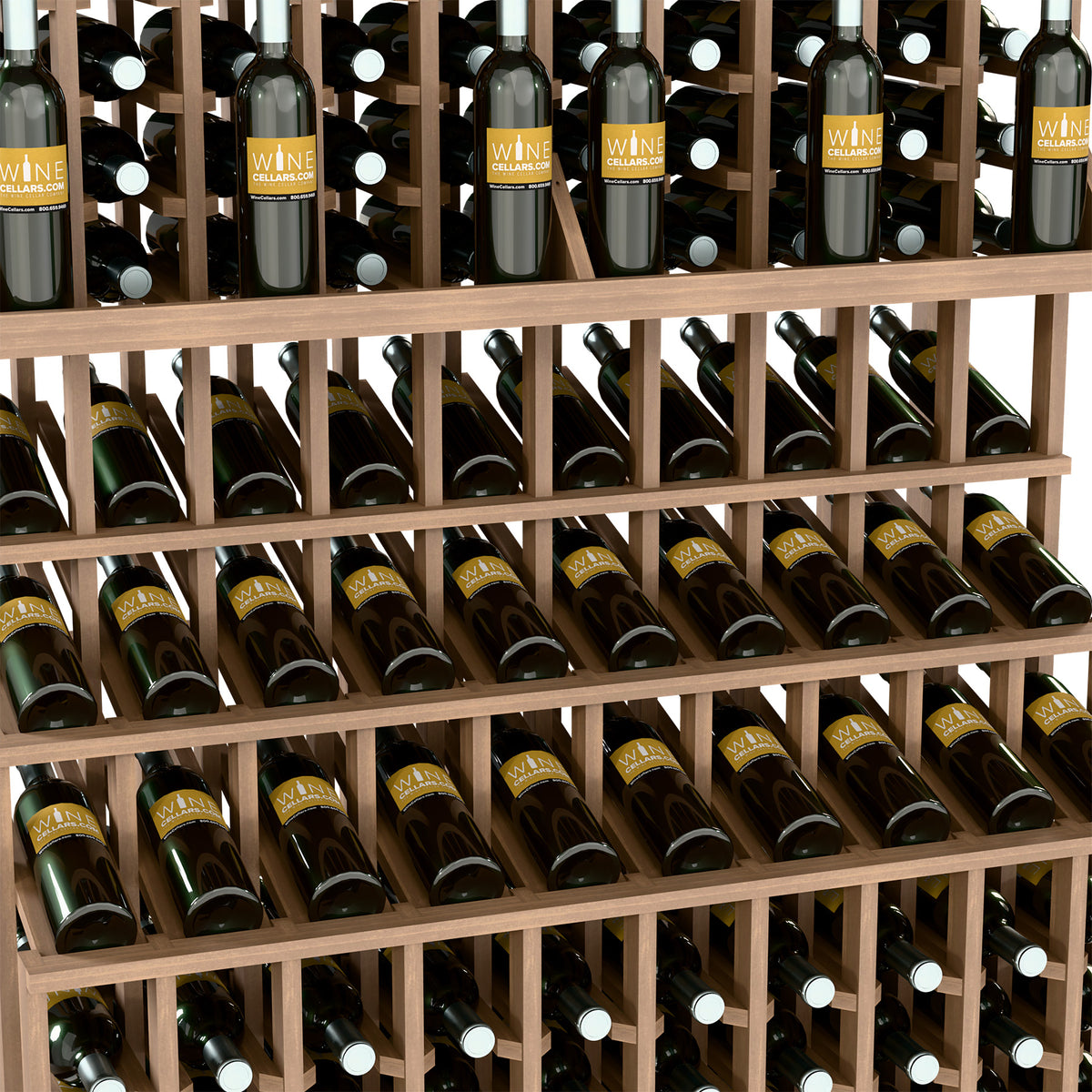 Triple-tier wine bottle display rack with double-deep base; dark wood and rows of wine bottles