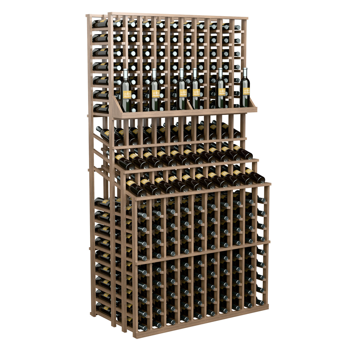 Wood wine bottle display rack with 3 tiers, holds multiple bottles in angled rows.