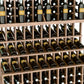 Close-up of wine bottle display rack shelves with bottles stored in horizontal rows.