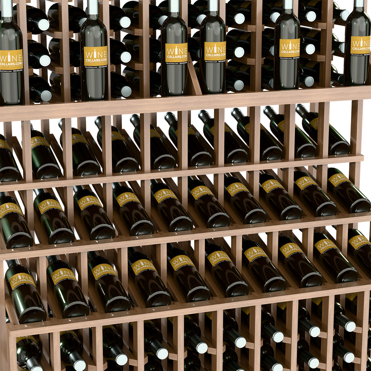 Close-up of wine bottle display rack shelves with bottles stored in horizontal rows.