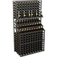 Triple-tier wine bottle rack with double deep base, black metal frame, three tiers of wine slots