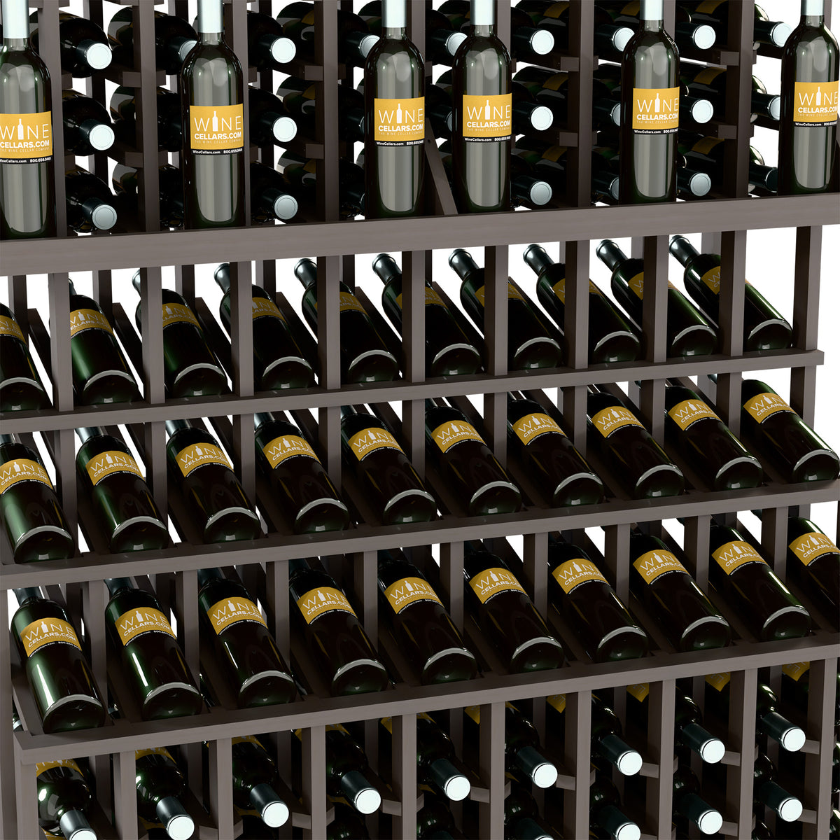 Triple-tier wine bottle display with dark gray lattice shelves holding green bottles