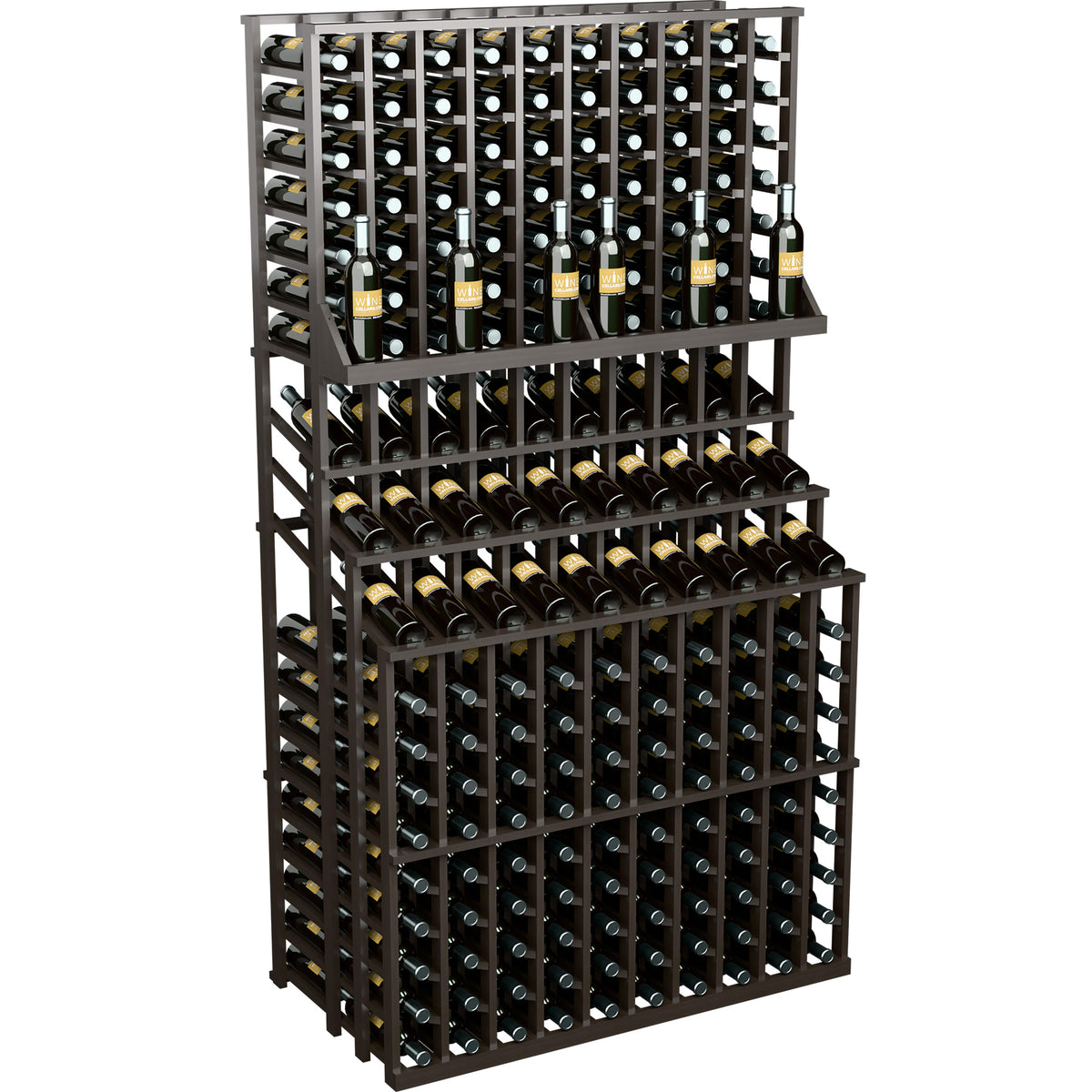 Wood wine bottle display rack with 3 tiers and angled bottle storage slots.