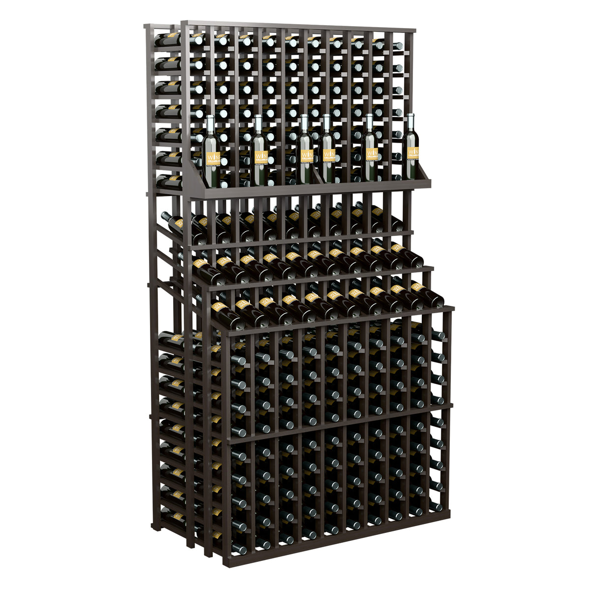 Tall wood wine bottle display rack with three levels of bottle storage.