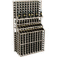 Triple-tier wine bottle display with two deep bases, gray-stained wood wine rack