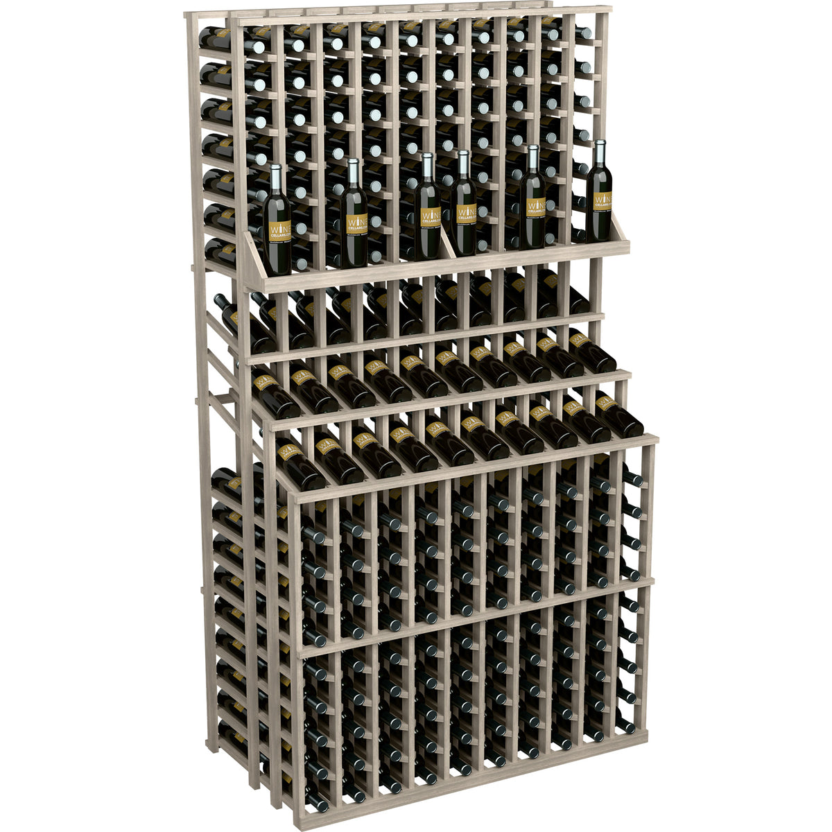 Triple-tier wine bottle display with two deep bases, gray-stained wood wine rack