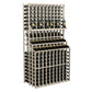 Triple-tier wine bottle display with open crisscross shelves, light gray stained wood frame