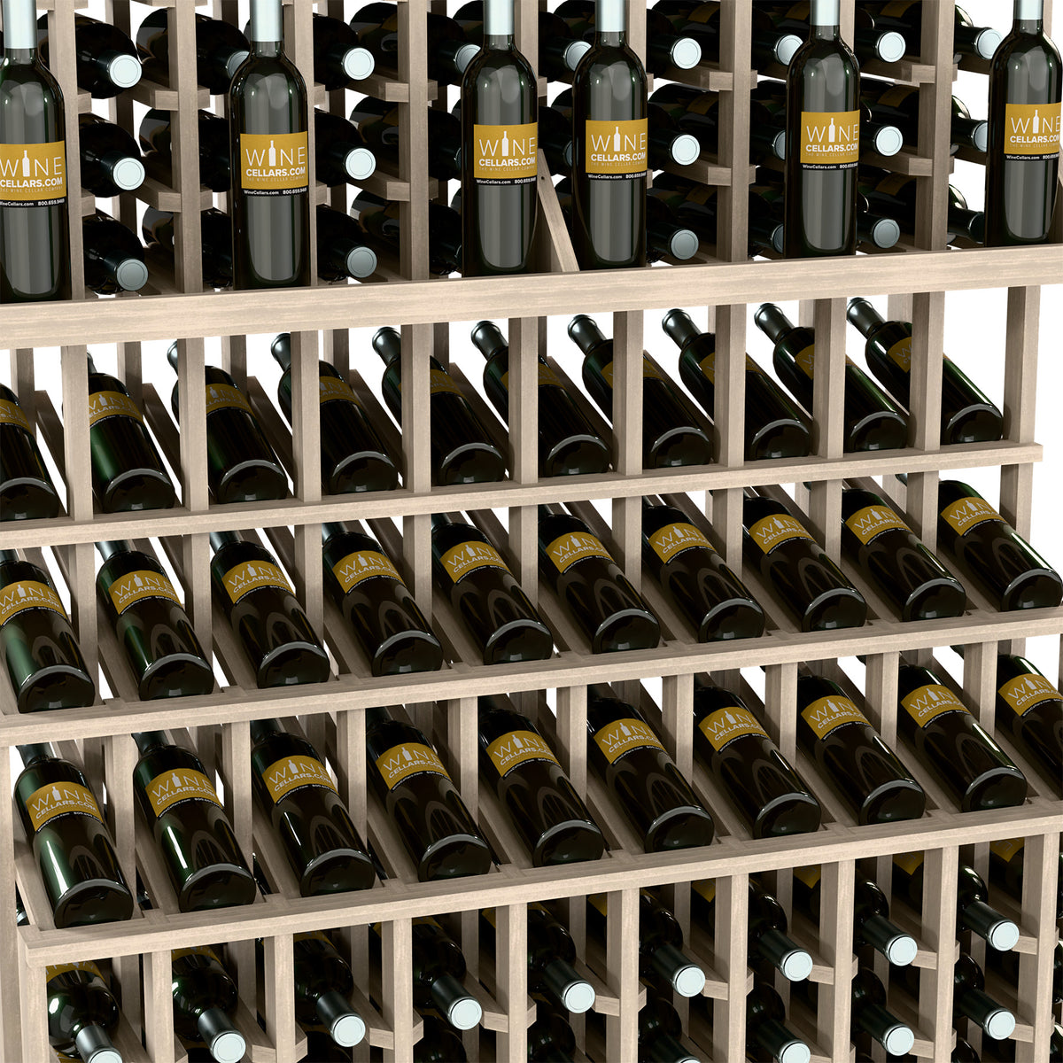 Triple-tier wine bottle display rack with double-deep base; light wood frame holding wine bottles