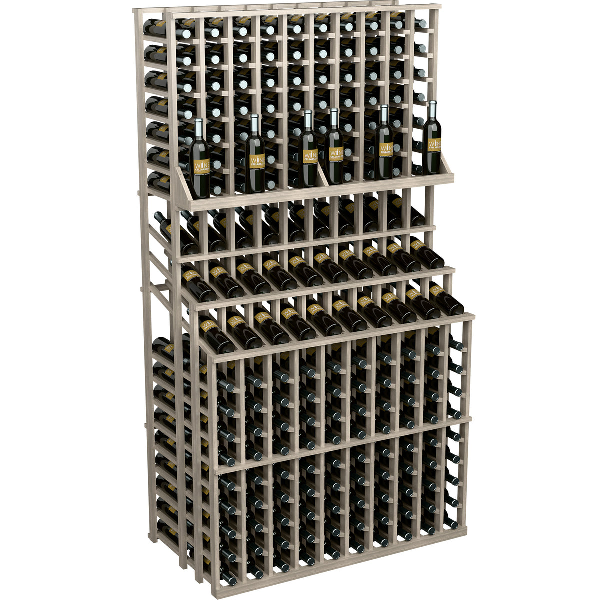 Wood wine bottle display rack with 3-tier design and many bottle storage compartments.