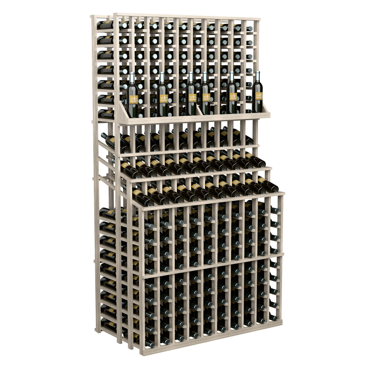 Freestanding wood wine bottle display rack with angled bottle rows and three tiers.