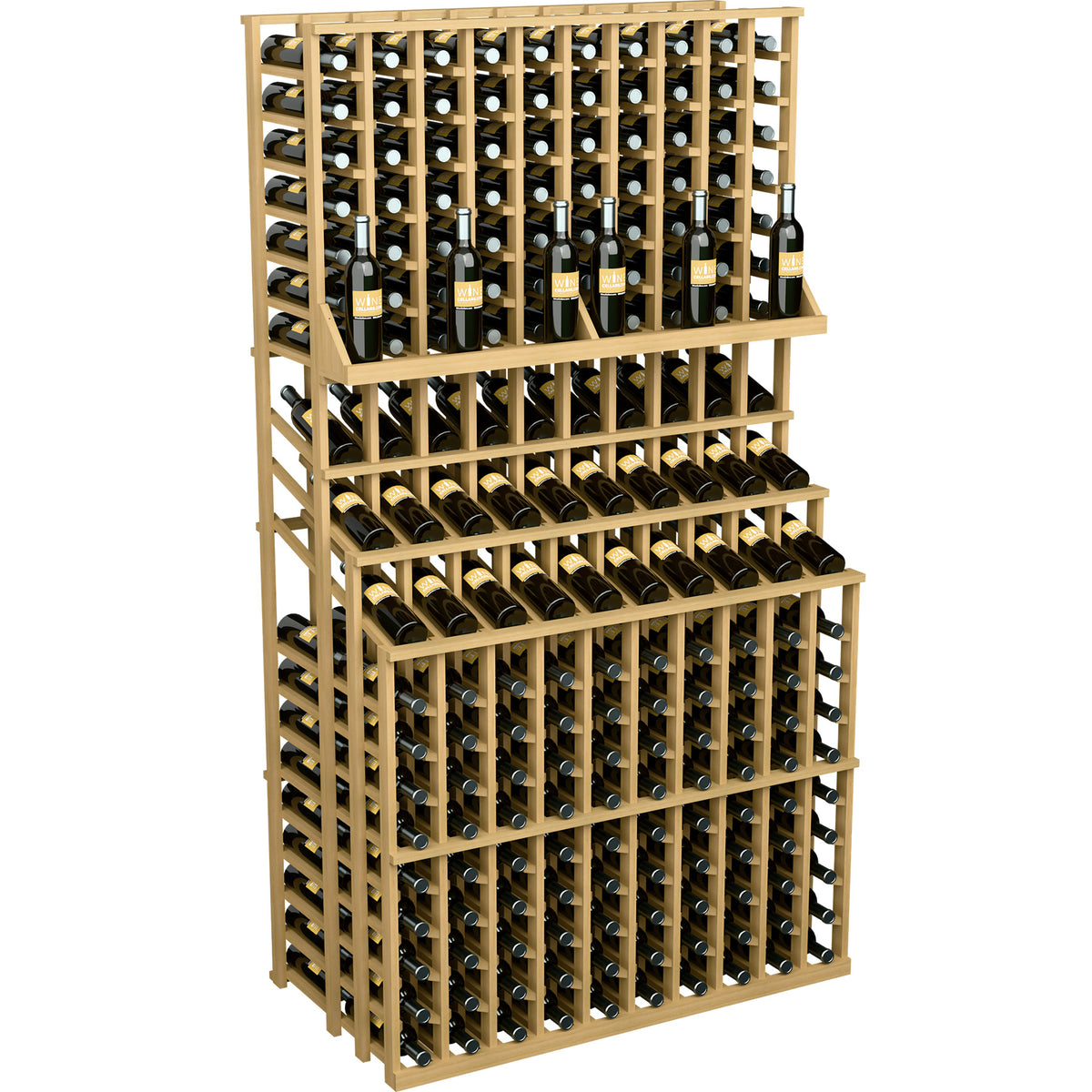 Triple-tier wine bottle display rack in pale wood, double deep base with bottle holder grid