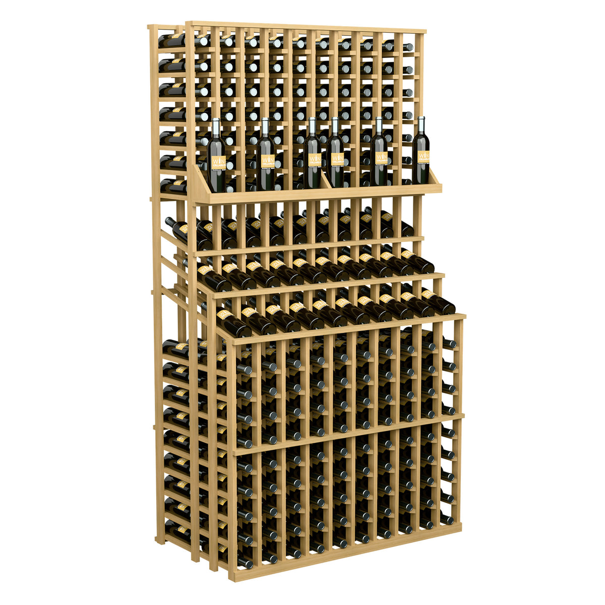 Triple-tier wine bottle display with open crisscross shelves, light natural wood frame