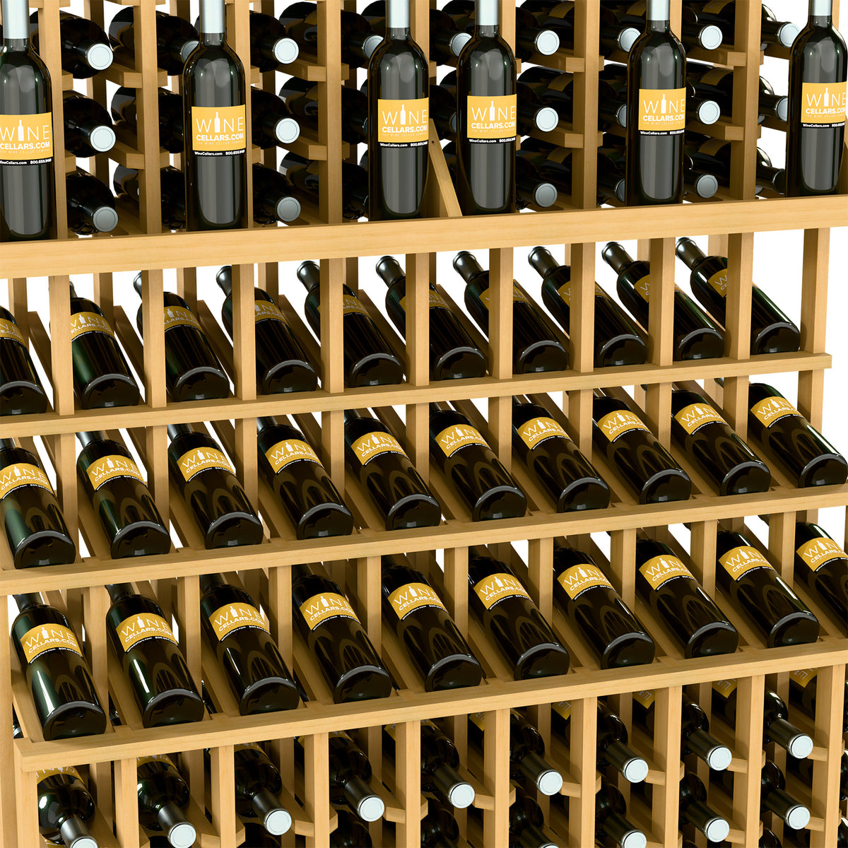 Triple-tier wine bottle display with pale wood lattice shelves holding dark green bottles