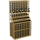 Wood wine bottle display rack with 3 tiers, organized bottle slots and angled cradles.