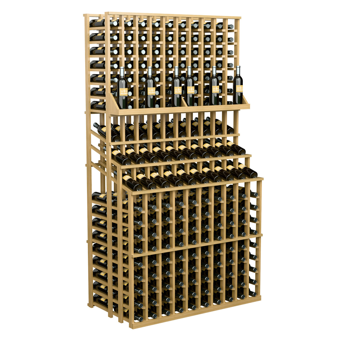 Wood wine bottle display rack with three tiers for storing multiple wine bottles.