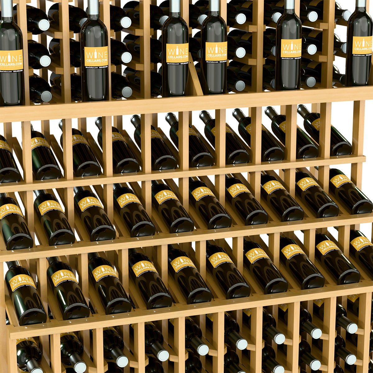 Triple-tier wine bottle display rack with front bottle slots and light wood frame