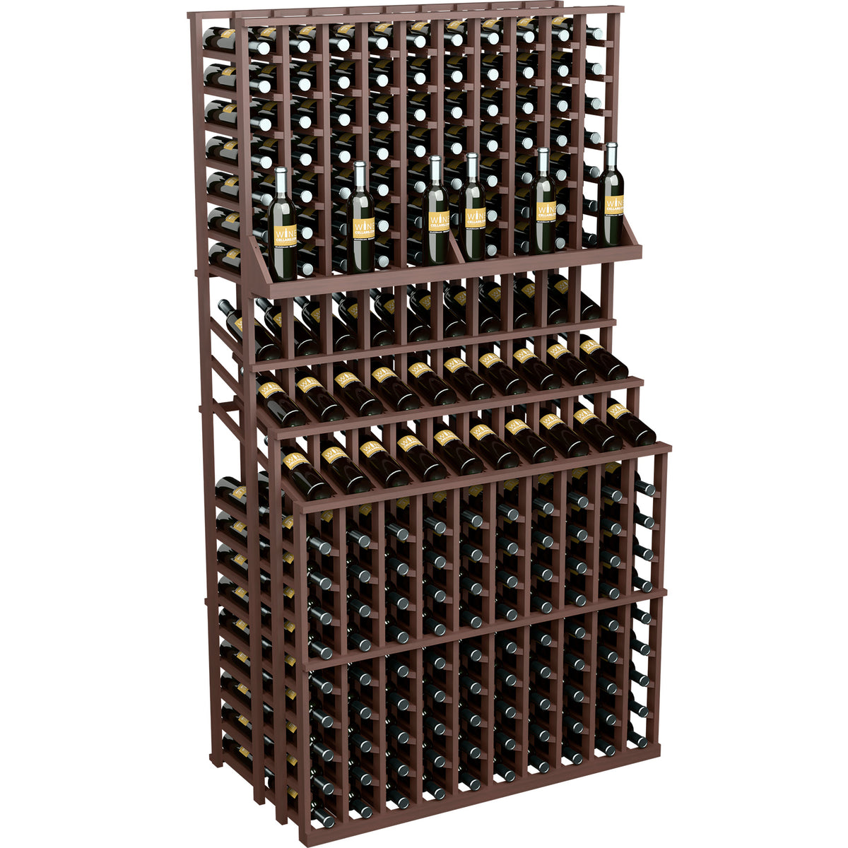 Triple-tier wine bottle display with two deep bases, medium dark wood rack