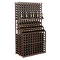 Triple-tier wine bottle display rack with double deep base, medium-brown frame and bottle holders.