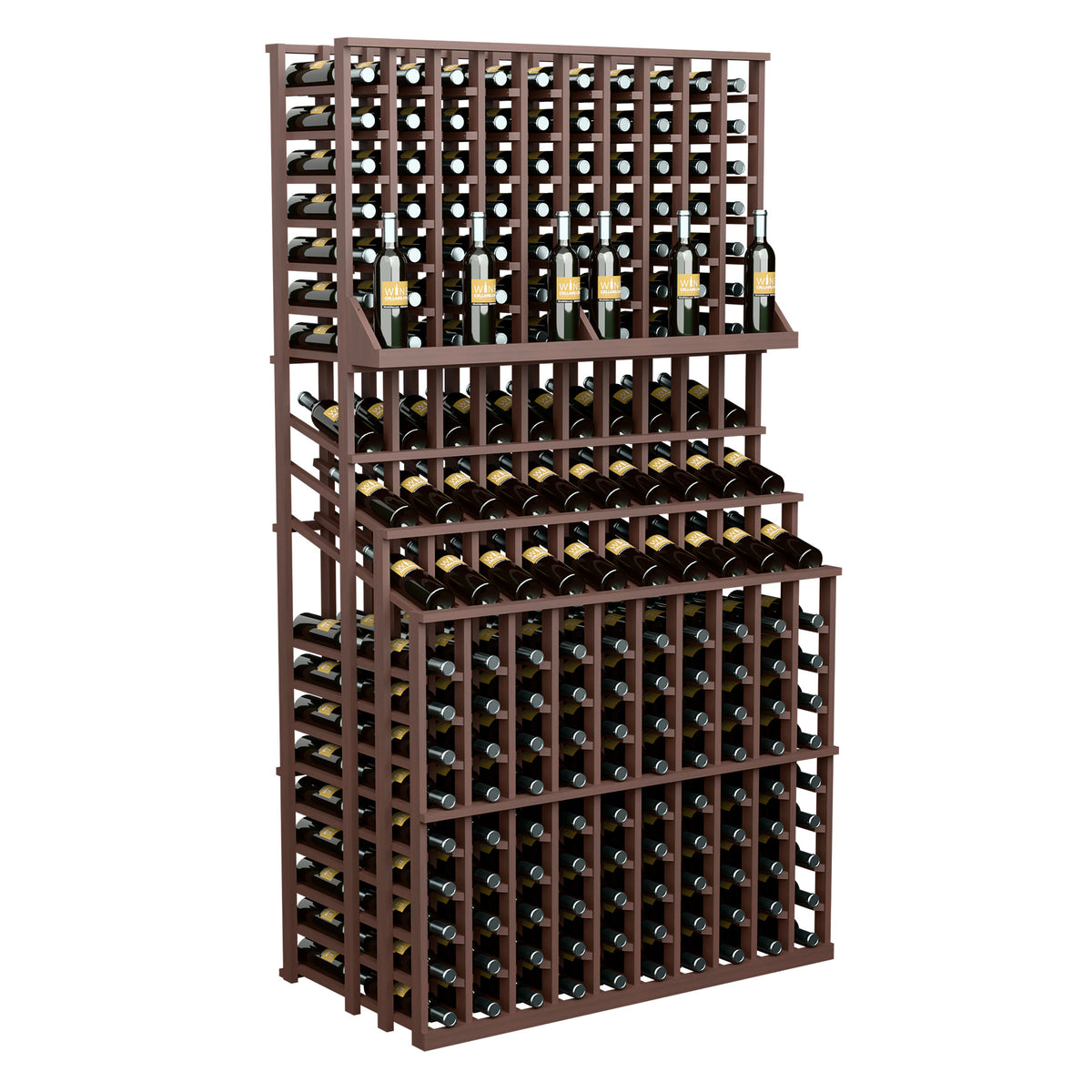 Triple-tier wine bottle display rack with double deep base, medium-brown frame and bottle holders.