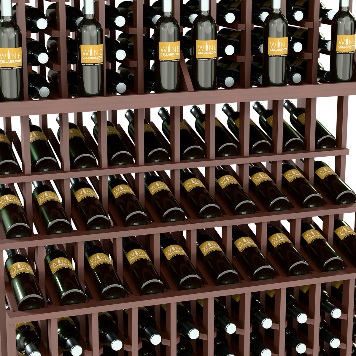 Close-up view of wine bottles seated in a wooden grid rack with dark bottles