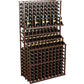Triple-tier wine bottle display rack with two deep bases, dark stained wood finish