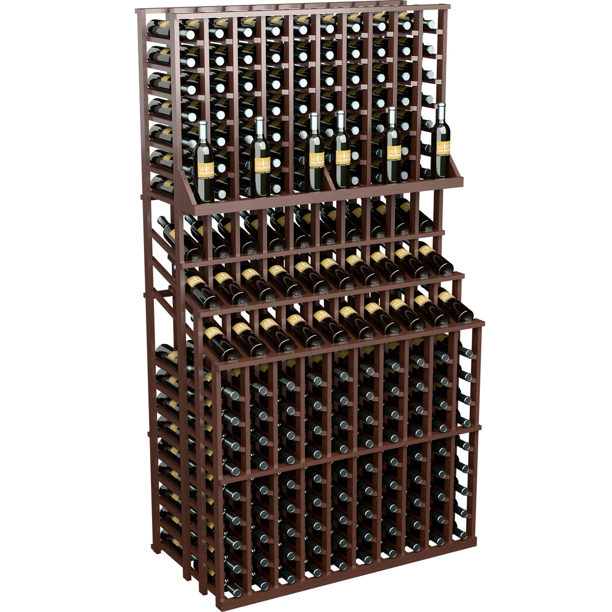 Triple-tier wine bottle display rack with two deep bases, dark stained wood finish