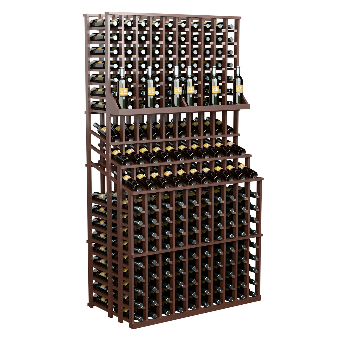 Triple-tier wine bottle display rack with front bottle openings, dark wood with wire-style slots