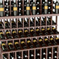 Triple-tier wine bottle display rack with light wood rails holding rows of bottles