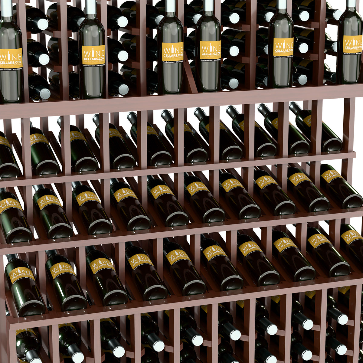 Triple-tier wine bottle display rack with light wood rails holding rows of bottles