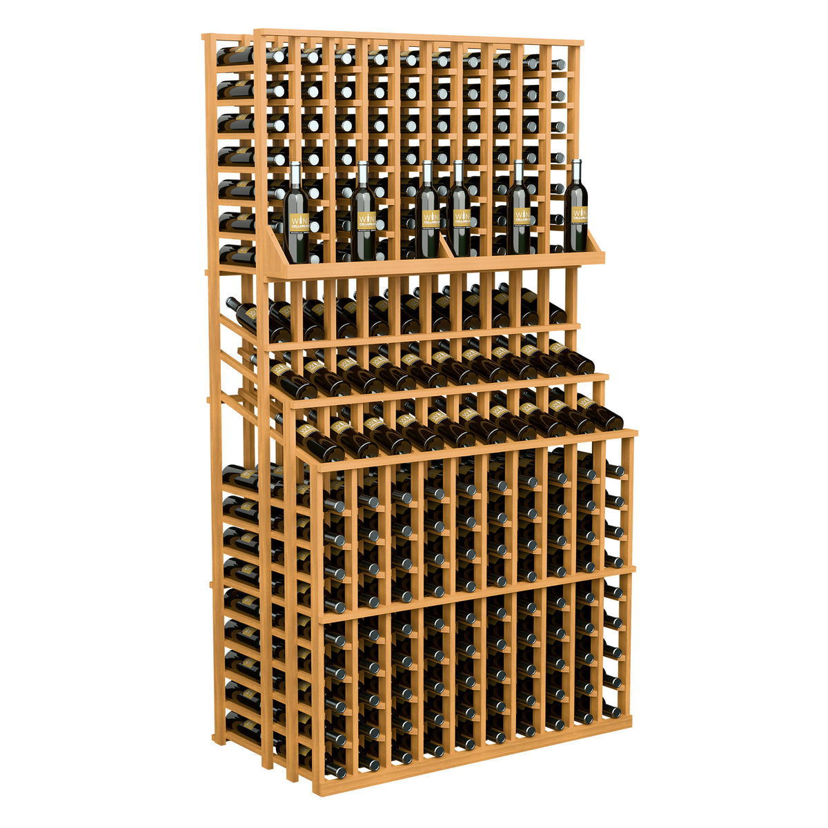 Front-facing natural wood triple-tier wine display rack with double-deep base and bottle grid