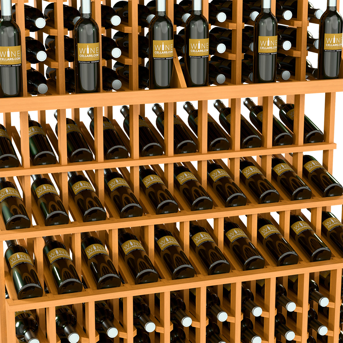 Light wood triple-tier wine bottle display rack with double-deep base, holding dark bottles