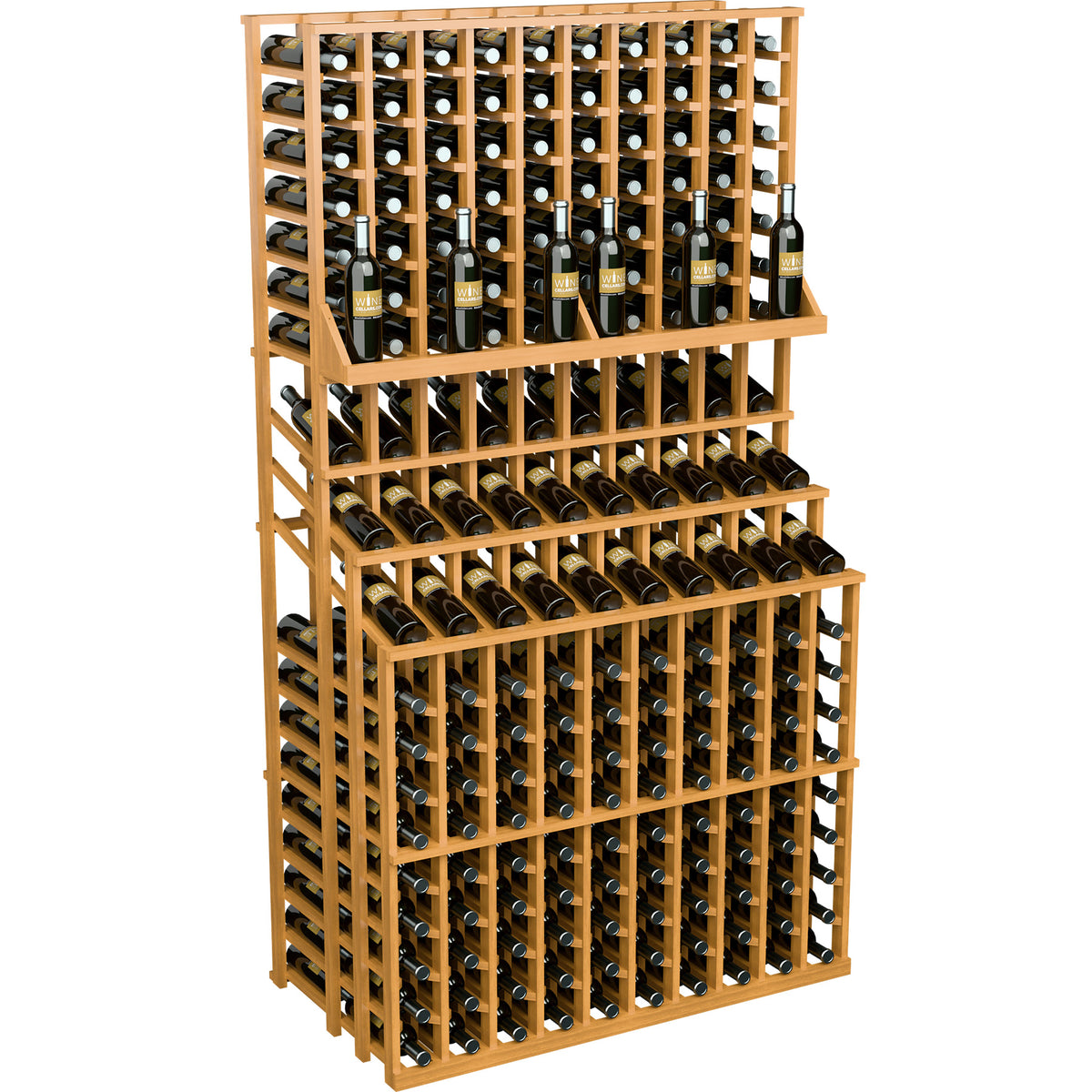 Triple-tier wine bottle display rack with two deep bases, light wood frame and bottle slots