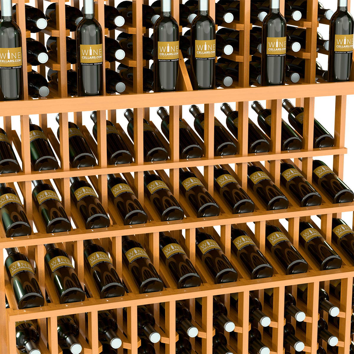 Triple-tier wine bottle display rack with light wood grid holding multiple bottles