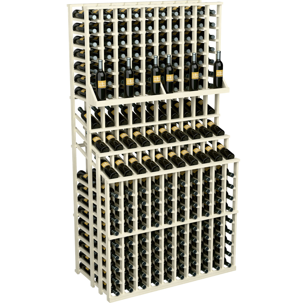White triple-tier wine display rack with double-deep base and bottle grid holders