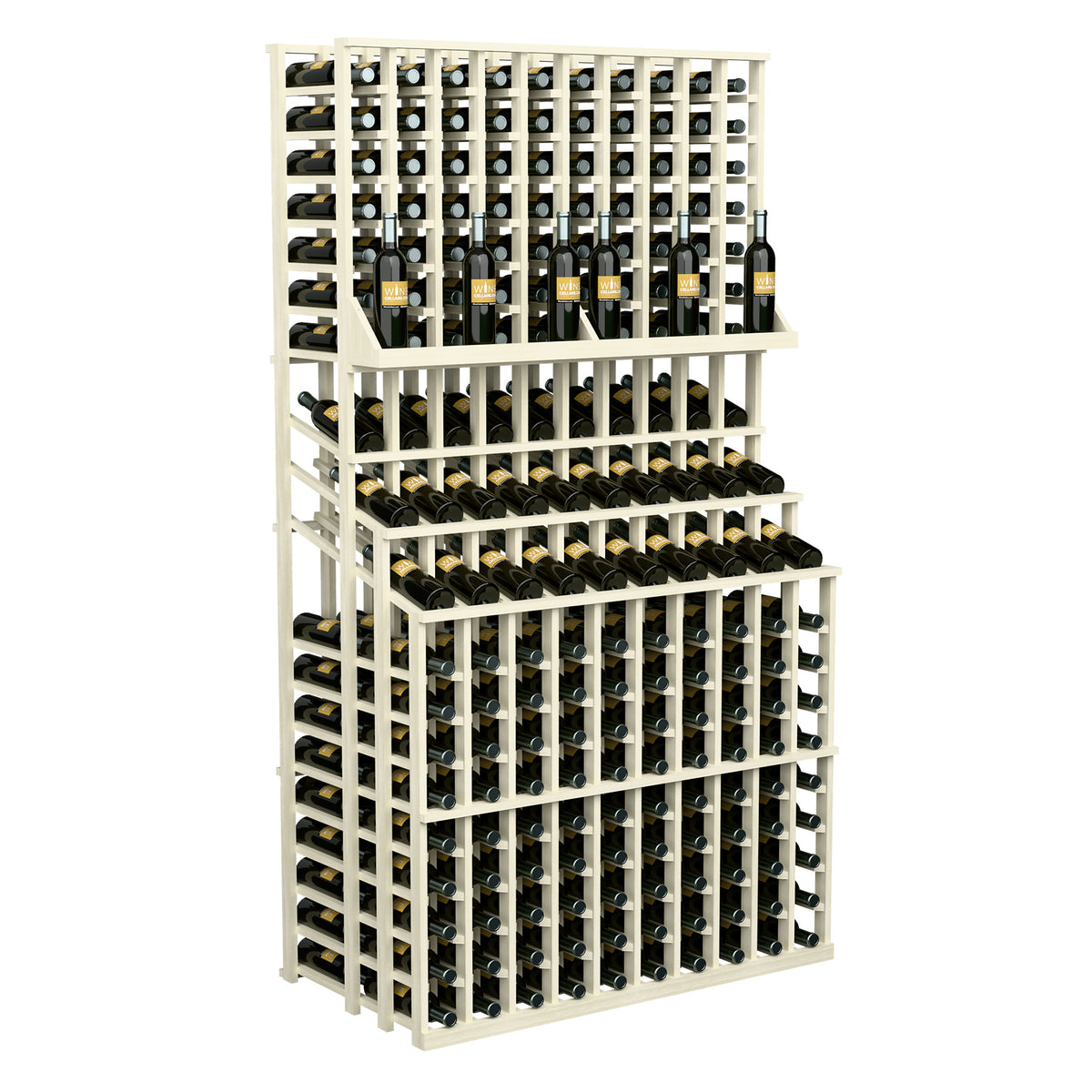 Triple-tier wine bottle display rack with double deep base, light white frame with bottle storage.