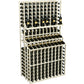 Triple-tier wine bottle display rack with two deep bases, white-painted wood frame
