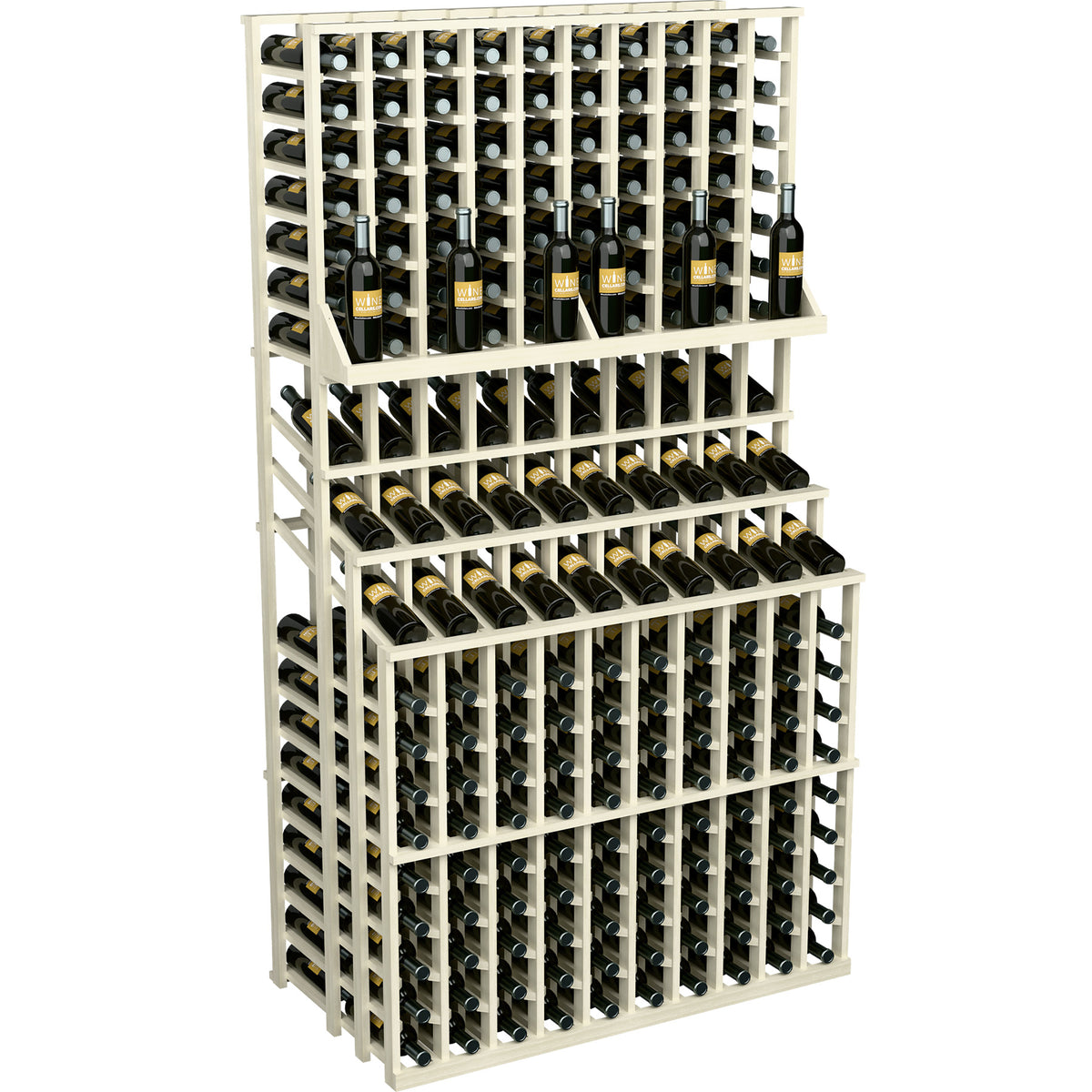 Triple-tier wine bottle display rack with two deep bases, white-painted wood frame