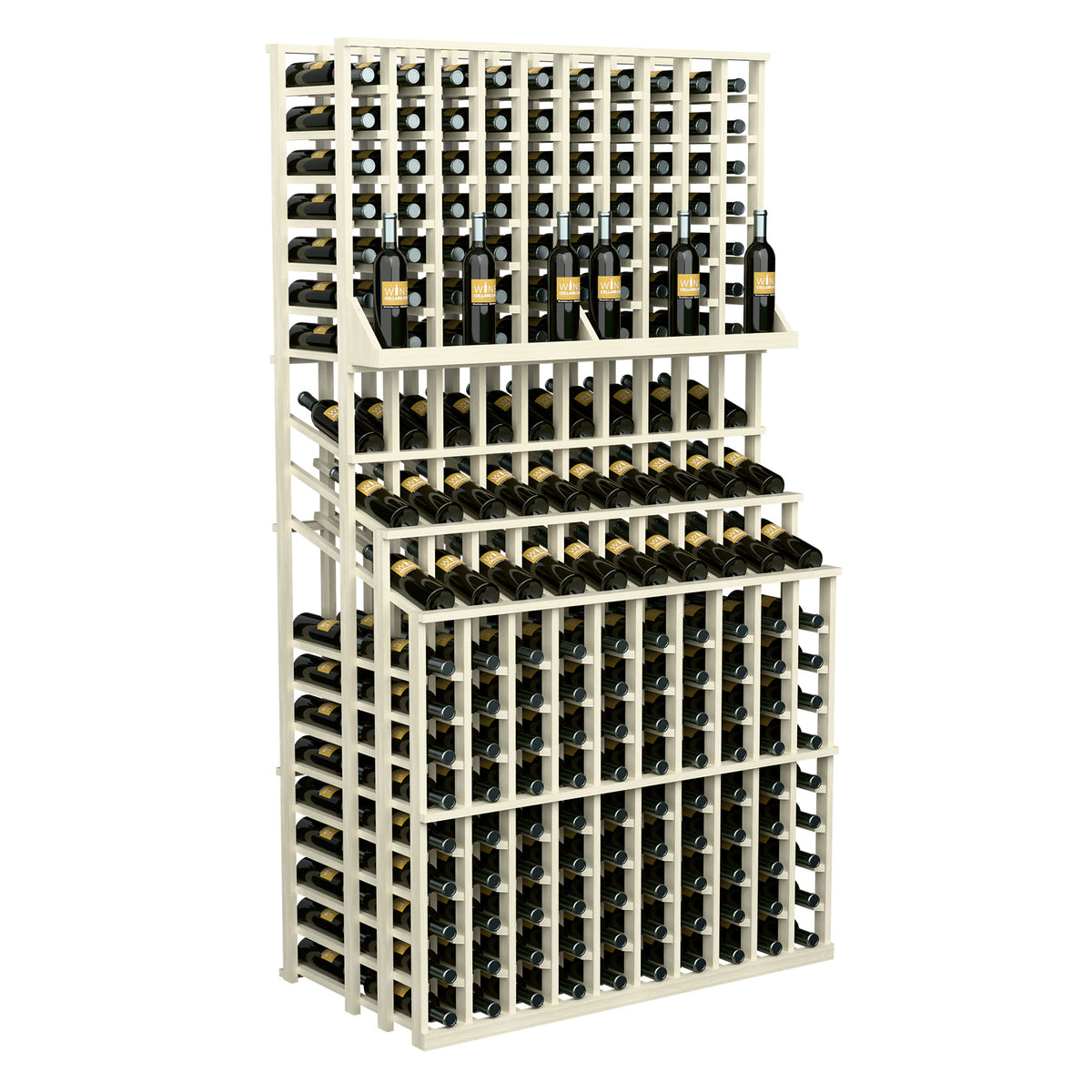 Triple-tier wine bottle display rack with bottle openings, white wood finish