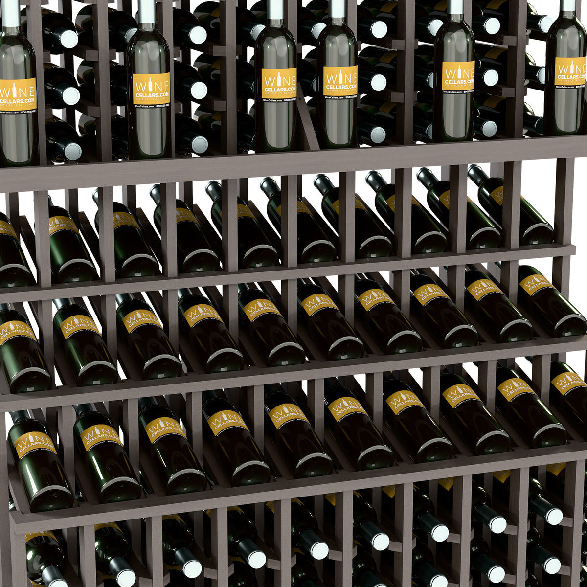 Close-up of upright wine bottles on slatted wooden shelves in a grid rack
