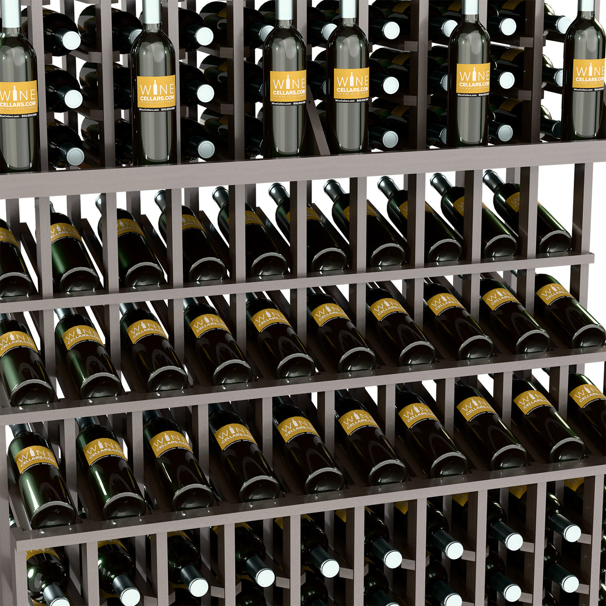 Wine bottle display rack close-up of bottles in dark grid shelves with labels