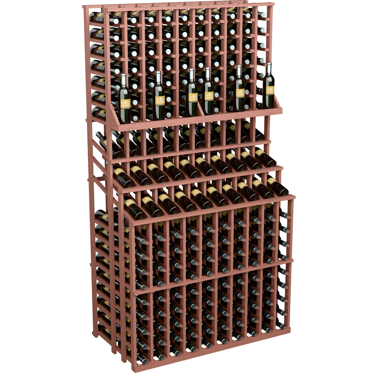 Triple-tier wine bottle display rack with double deep base, wine bottles in front rows