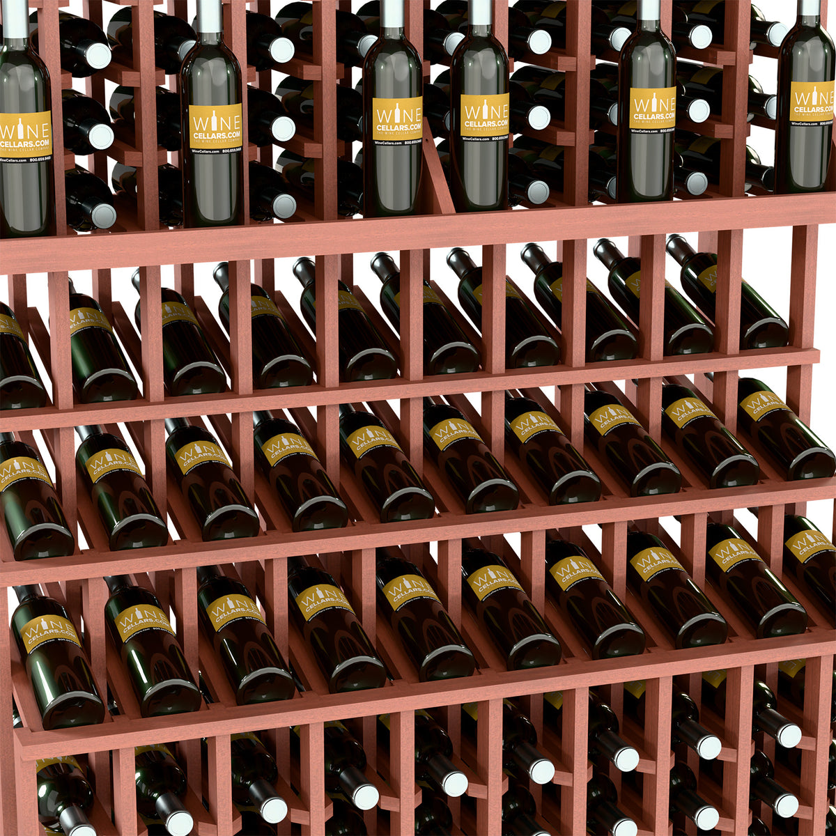 Triple-tier wine bottle display with reddish wood slats and wine bottles in rows