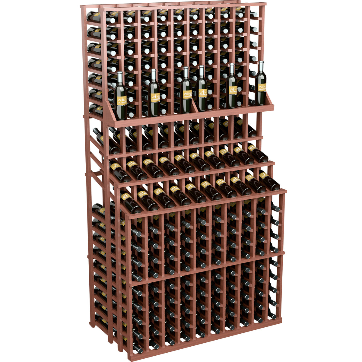 Wine bottle display rack with 3 tiers and red-brown frame, bottles stored upright