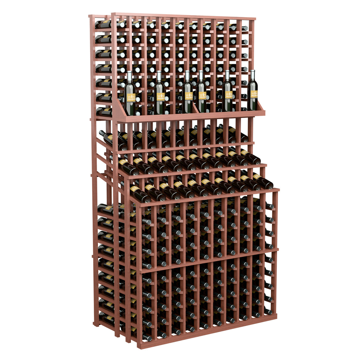Wine bottle display rack with 3 tiers and red-brown frame, bottle cubbies on shelves