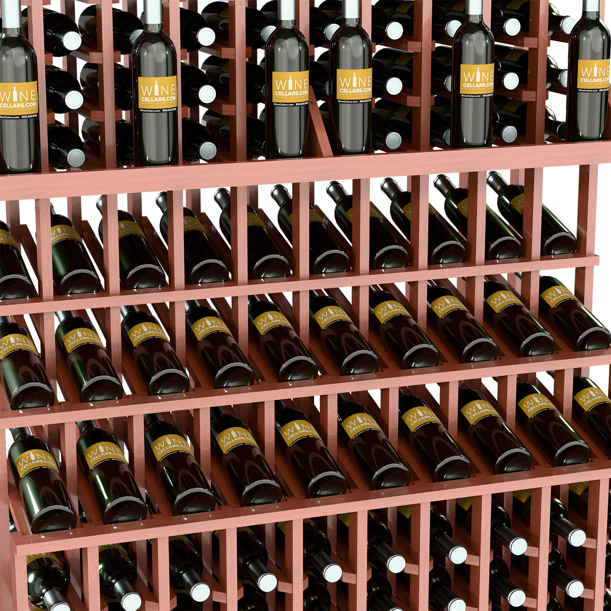 Wine bottle display rack close-up with red-brown shelves holding dark glass bottles