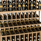 Triple-tier wine bottle display with light wood rails and organized rows of wine bottles