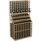 Wine bottle display rack with 3 tiers and light wood frame, bottles arranged upright