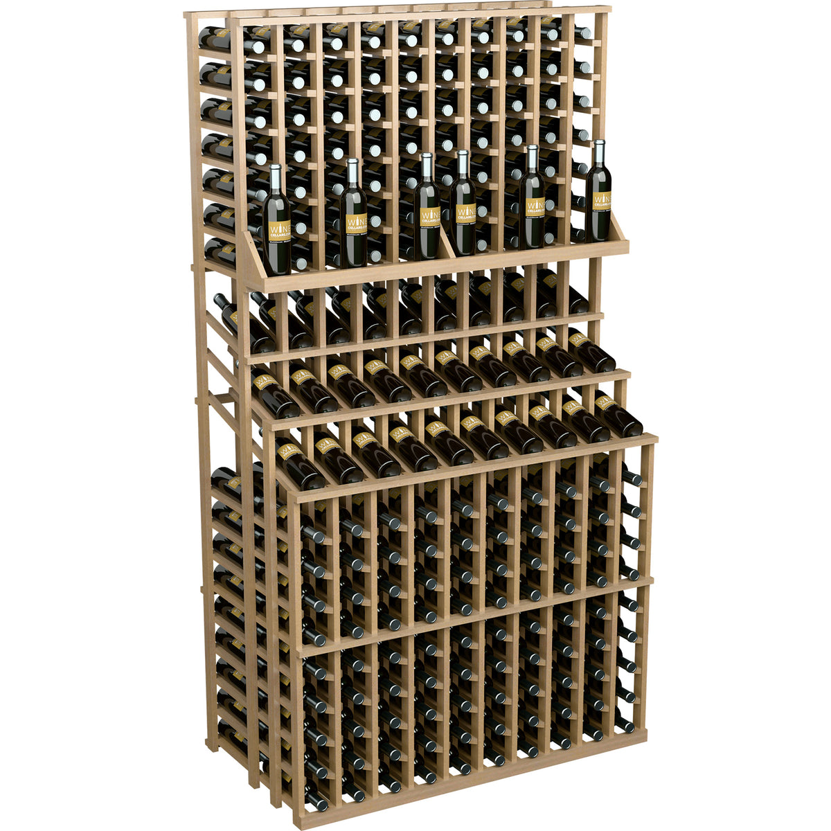 Wine bottle display rack with 3 tiers and light wood frame, bottles arranged upright
