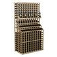 Wine bottle display rack with 3 tiers and pale wood frame, bottles in front-facing slots